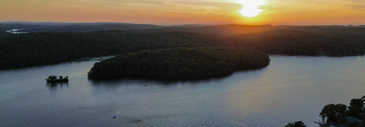 Lake Hopatcong home inspector aerial drone sunset view.