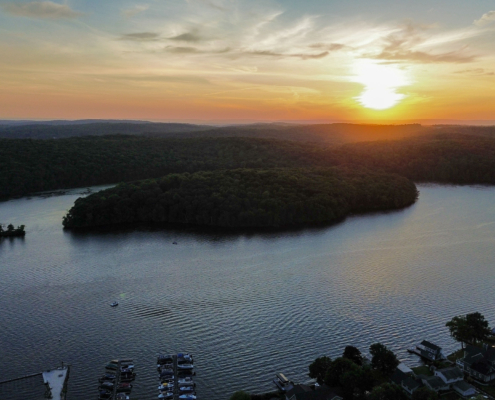 Lake Hopatcong home inspector aerial drone sunset view.