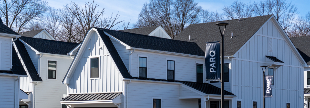 Exterior of a new townhome at Parq by Ryan Homes during a new construction home inspection in Parsippany NJ.