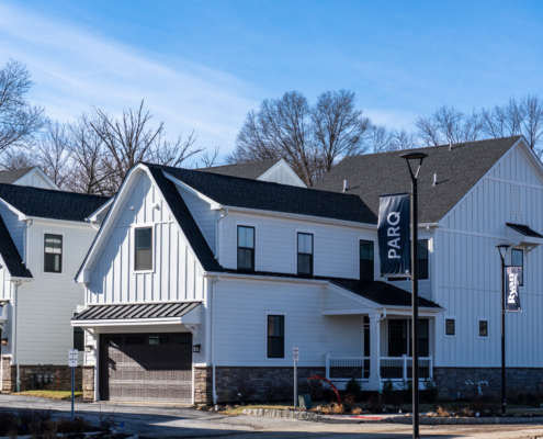Exterior of a new townhome at Parq by Ryan Homes during a new construction home inspection in Parsippany NJ.