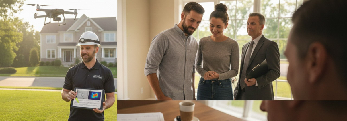 A Realtor Recommended Home Inspector being verified by a home buyer using a detailed inspection report and thermal imaging.