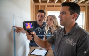 A home inspector using a thermal imaging camera to show hidden issues to a home buyer, demonstrating thoroughness beyond what a Realtor Recommended Home Inspector might do.