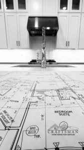 new construction home inspection blueprints on kitchen island during pre-close review